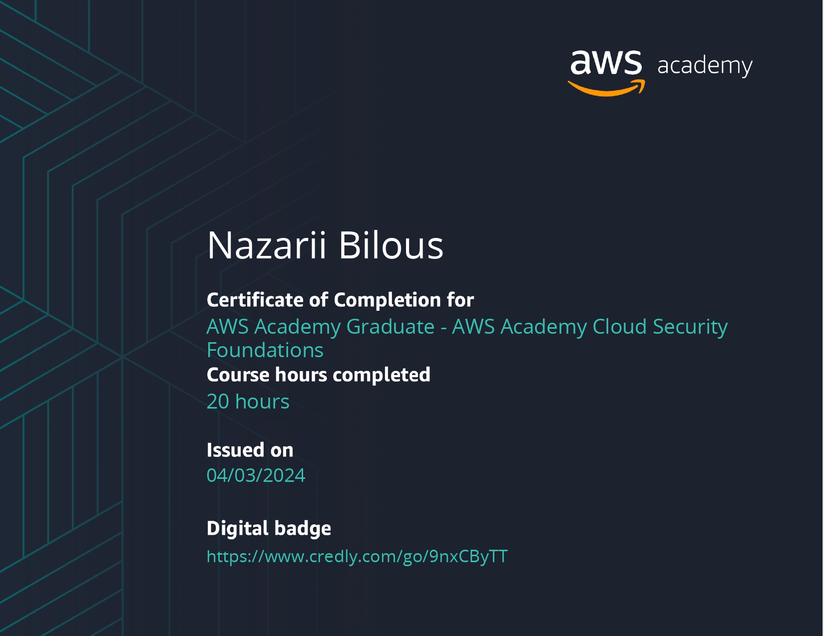 AWS Academy Cloud Security Foundations Badge Bilous