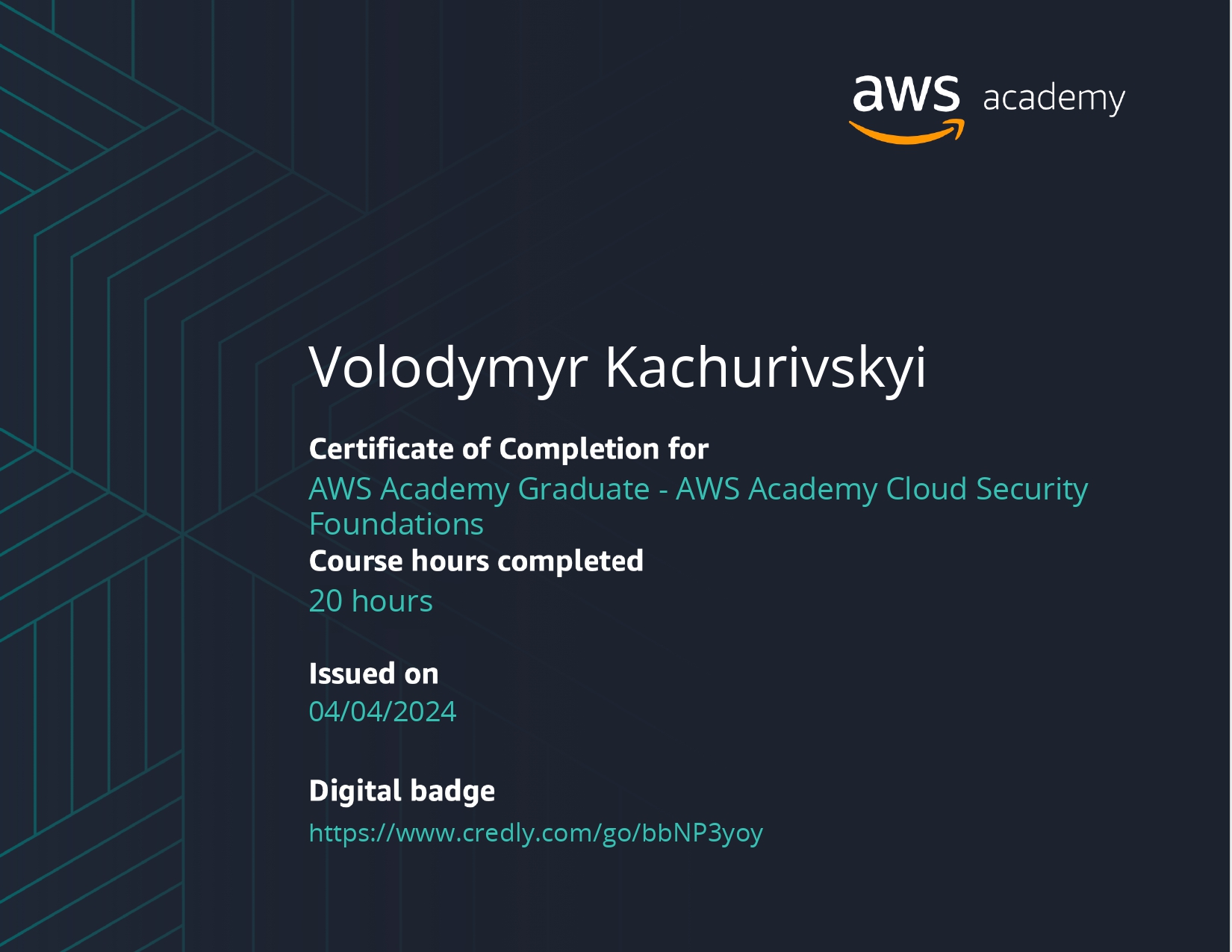 AWS Academy Cloud Security Foundations Badge Kachurivskyi