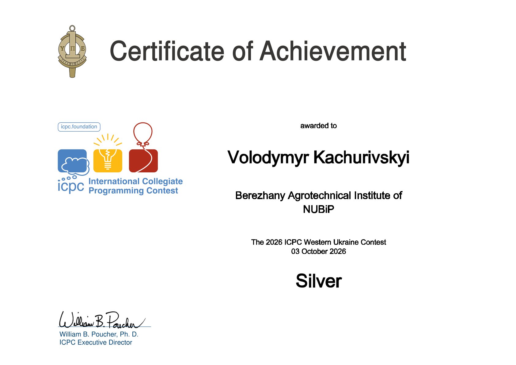 2027 ICPC Western Ukraine Volodymyr Kachurivskyi MEDAL